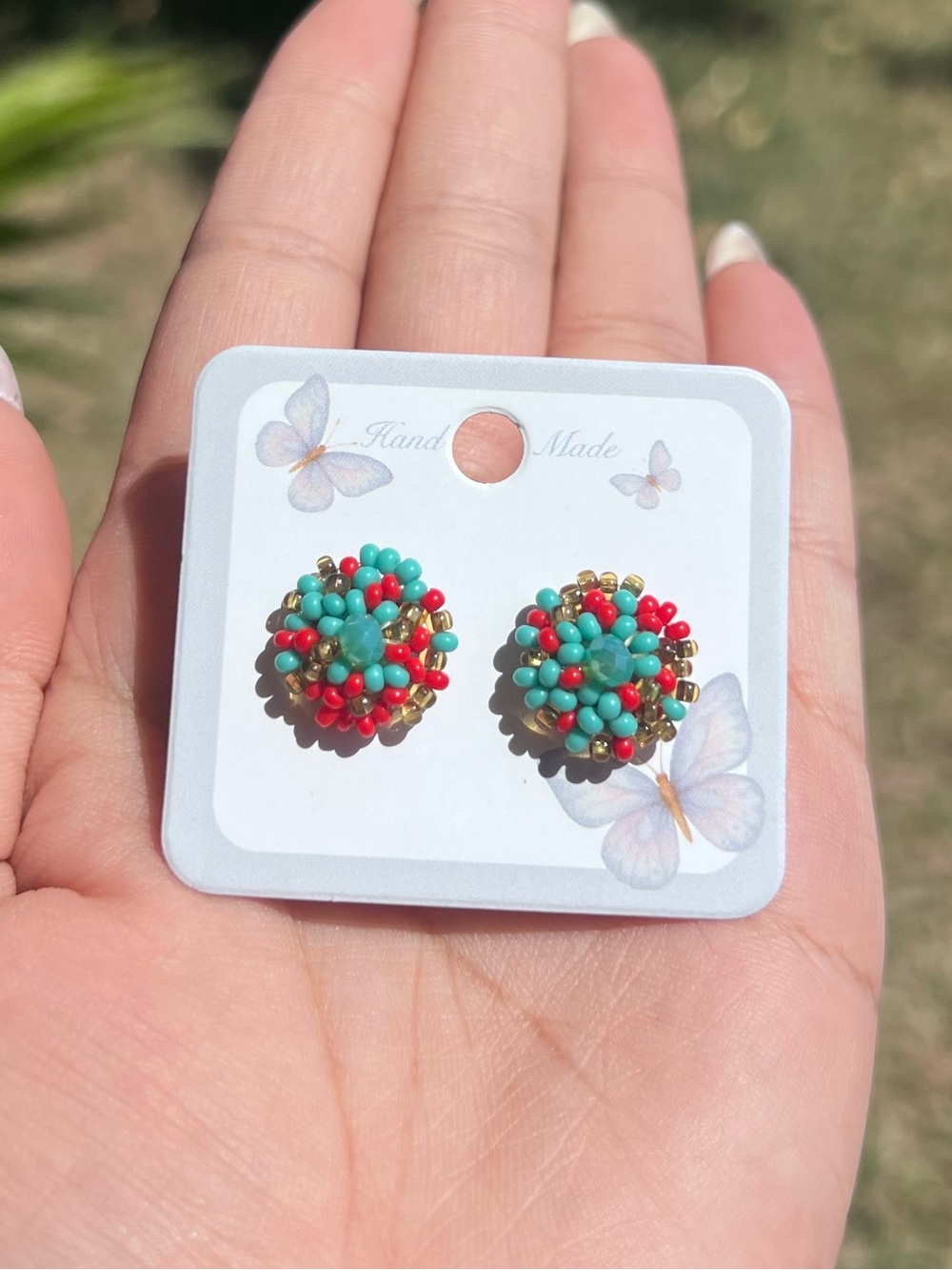 Handmade Beaded Flower Stud Earrings - Turquoise & Red